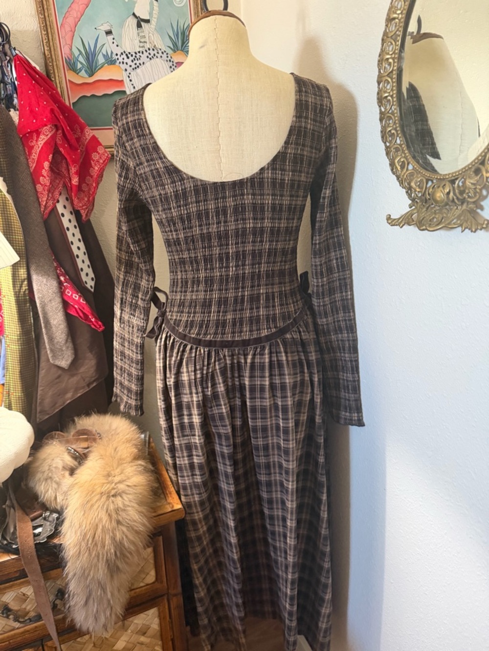Goldie Lee Plaid Long-Sleeve Midi Dress in Brown and Black - Picture 2 of 6